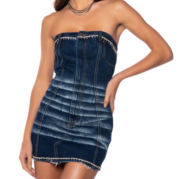 AKIRA 'HOW'S THE VIEW' STRAPLESS DENIM MINI DRESS (SOLD OUT) - NWT - Picture 1 of 9